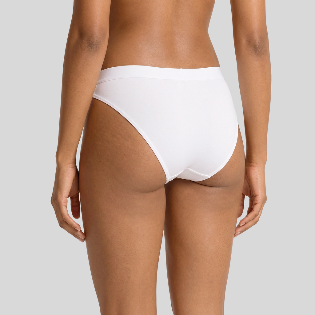 Peaches seamless bikini underwear on model — side view, The Comfortable Trio Pack