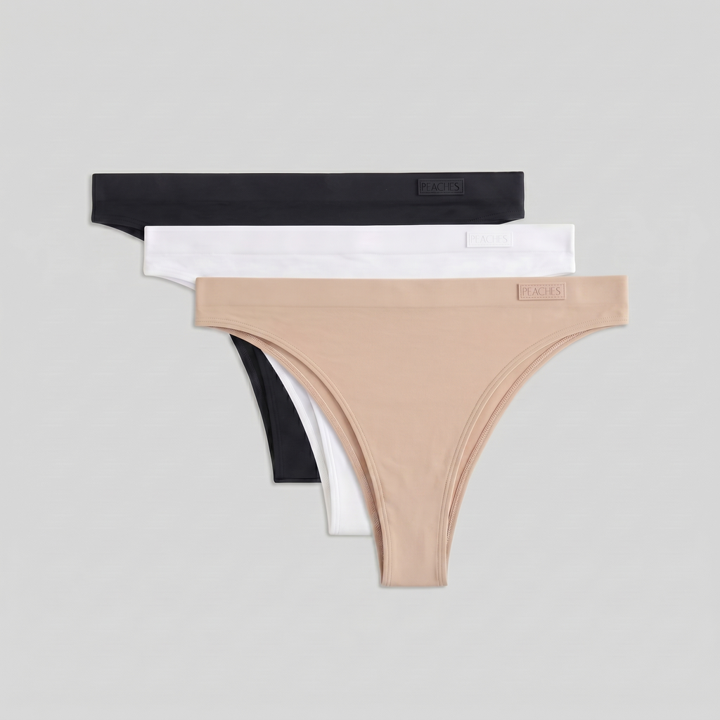 Peaches The Confident Trio Pack — seamless Brazilian underwear set of 3 in beige, black and white