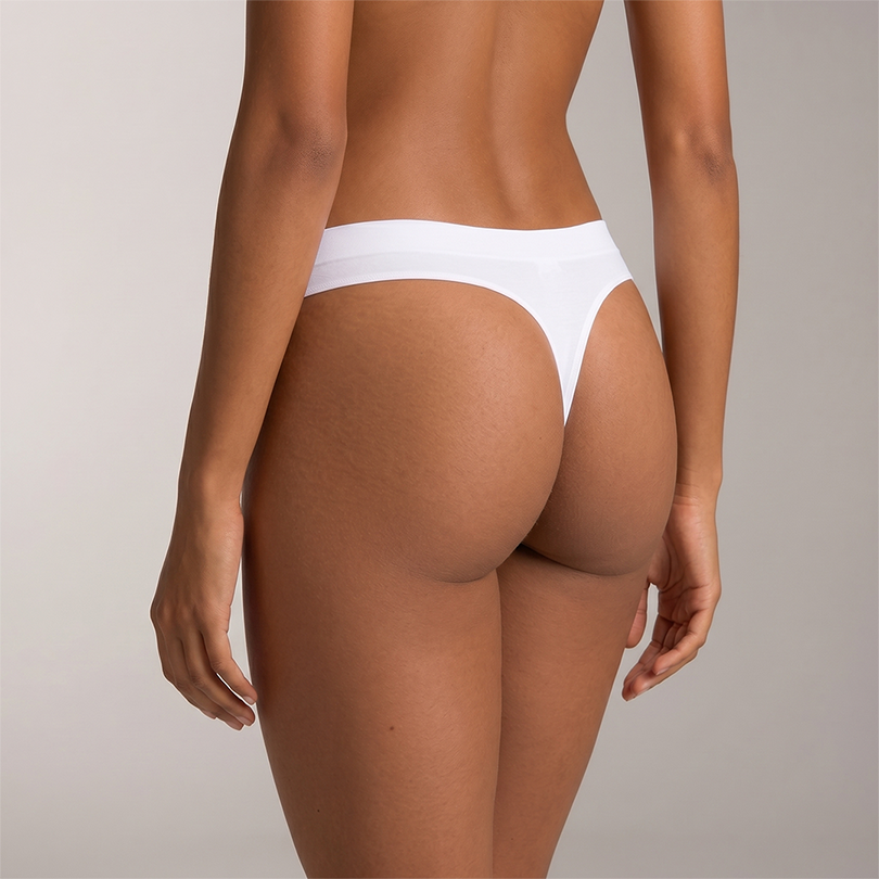 Peaches seamless thong underwear on model — side view, The Secret Trio Pack