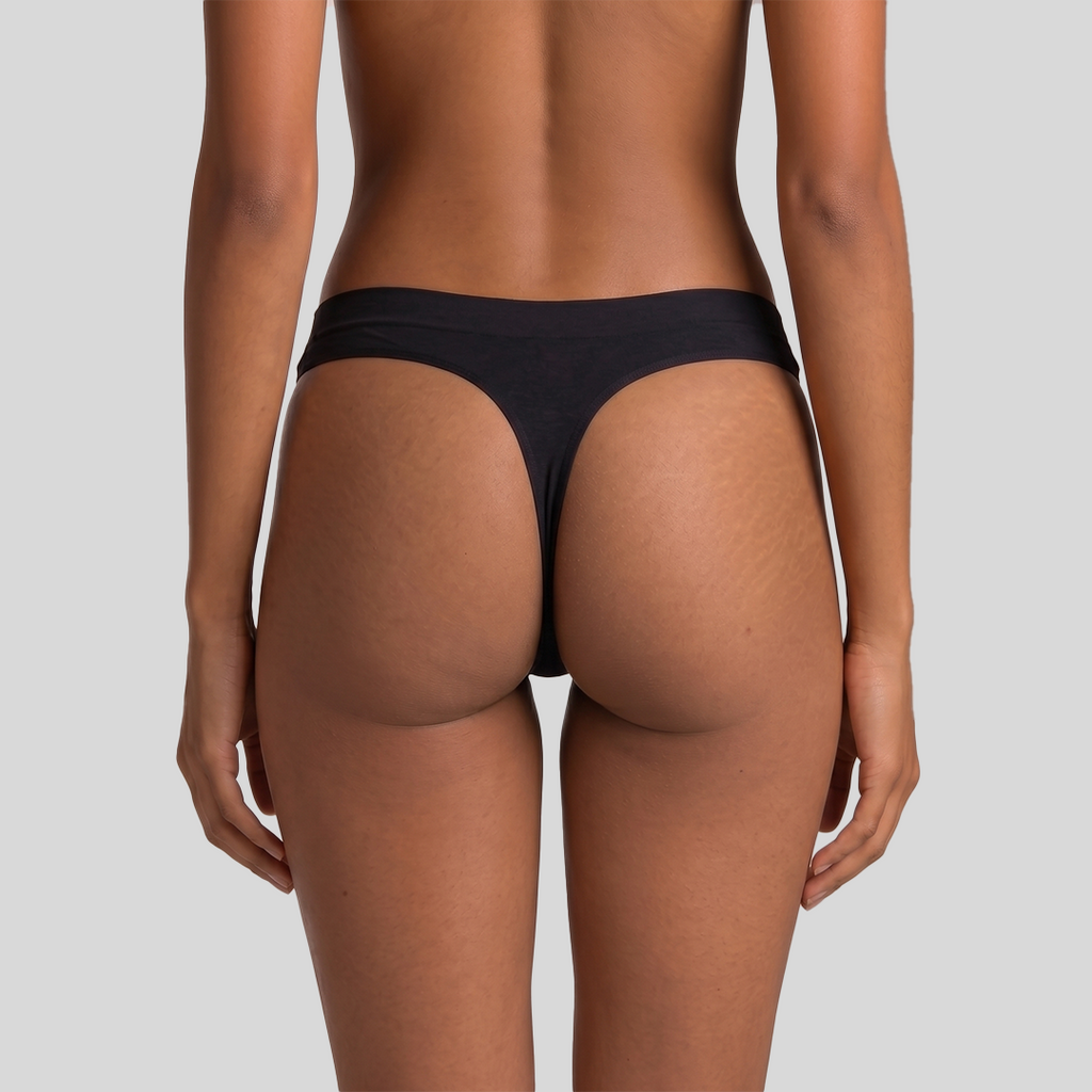 Peaches The Secret Trio Pack — seamless thong underwear on model, back view